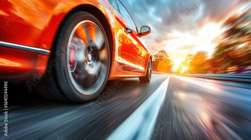 Orange sports car speeding sunset highway