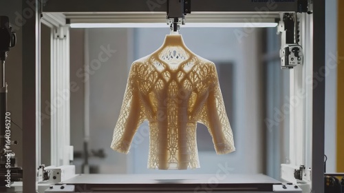 A 3D-printed garment resembling a sweater, showcasing intricate patterns and designs, is displayed within a printing machine setup.