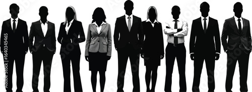 Silhouette of a diverse business team standing together, representing teamwork, leadership, and professional success in corporate world