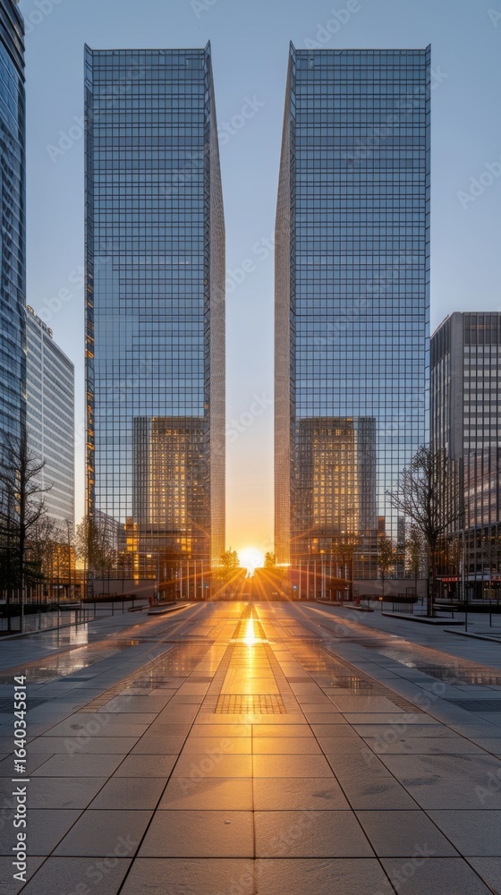 Fototapeta premium Sunrise between two skyscrapers