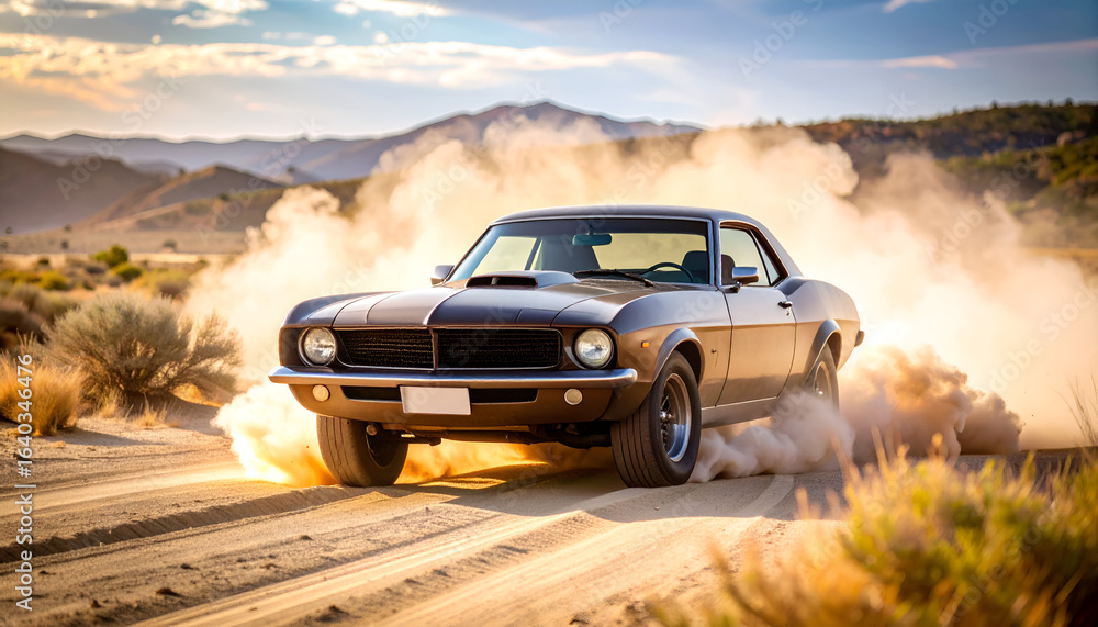 Fototapeta premium Classic Car Desert Drive Dust.