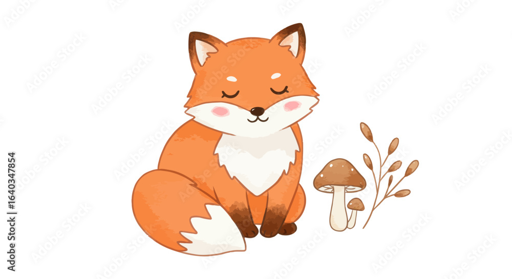 Obraz premium Adorable Sitting Fox with Eyes Closed Next to a Mushroom and Autumn Leaves Illustration