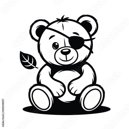 Cute cartoon teddy bear with an eyepatch and a leaf
