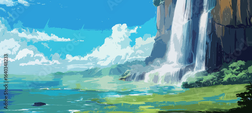 A painting depicting a powerful waterfall in the center of a vast lake, with water rushing down from a rocky cliff into the serene blue waters below. Trees and vegetation surround the lake, adding a s