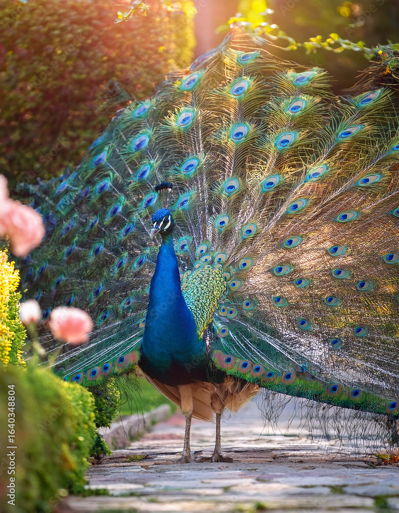 Obraz premium A majestic peacock standing in a lush garden, tail feathers fully fanned out in brilliant blues and greens. Soft afternoon sunlight highlighting the iridescent details. Flowers and stone pathways in t