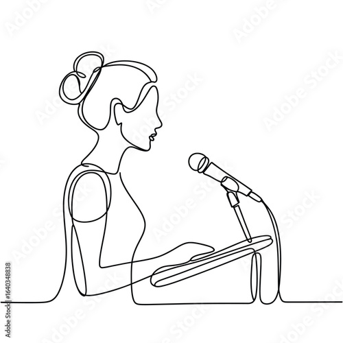 Woman speaking at a podium with a microphone in a continuous line drawing style