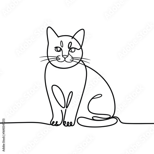 Minimalist single line drawing of a sitting cat with a white background