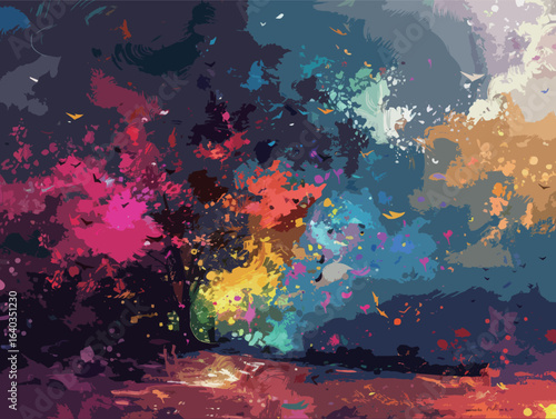 A colorful painting of a tree with birds flying around it. The painting has a vibrant and lively mood, with the colors and brushstrokes creating a sense of movement and energy