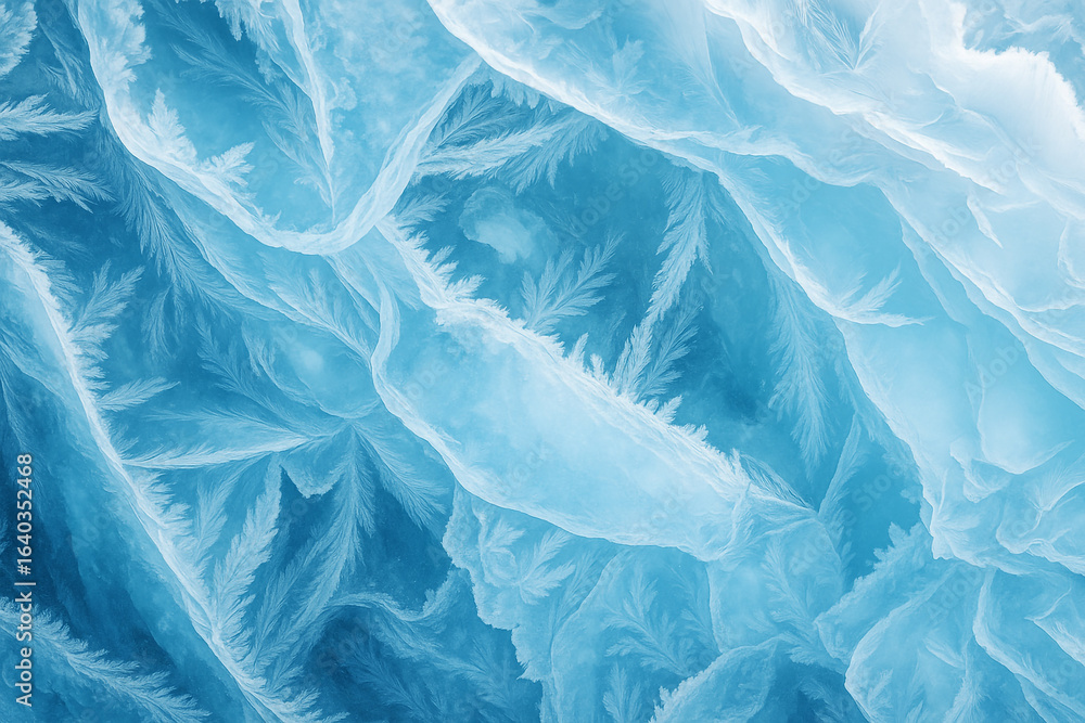 Obraz premium A stunning blue ice texture with a frosty winter pattern on a window pane, perfect for a cold season background
