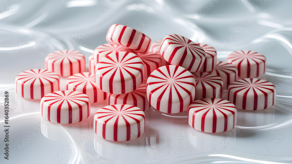 Obraz premium Delicious pile of classic red and white striped peppermint candies, perfect for festive occasions and sweet treats
