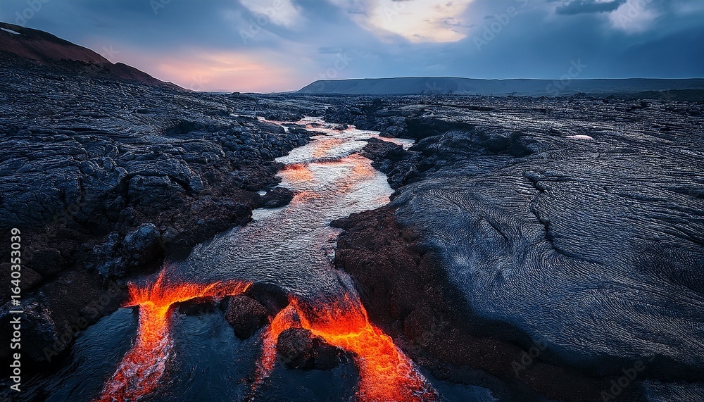 Fototapeta premium flowing between dark volcanic rocks__