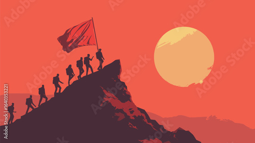 A group of people are climbing a mountain with a red flag in the background. The flag is waving in the wind, and the people are all wearing backpacks. Concept of adventure and teamwork