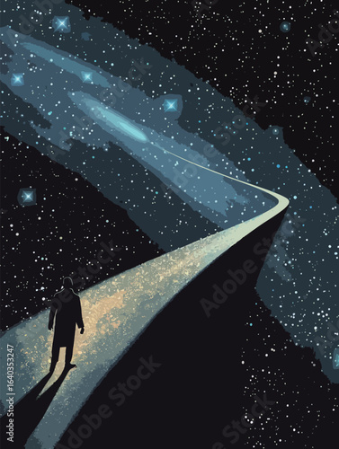 A man is walking on a path in the middle of the night, surrounded by a vast, starry sky. The scene is peaceful and serene, with the man's silhouette standing out against the dark background