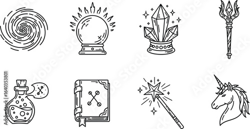 Collection of magical icons featuring a crystal ball, potion, book, wand, and unicorn, representing witchcraft, wizardry, and fantasy elements