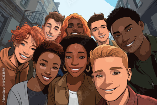 A group of young people are smiling for a picture. Scene is happy and friendly