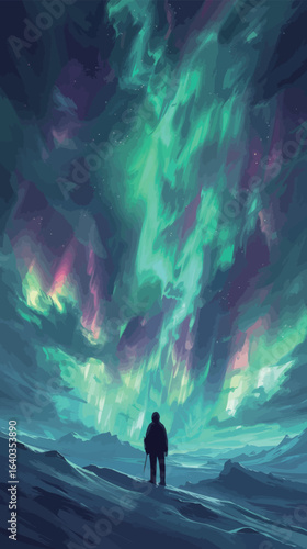 A person stands on a beach looking up at the sky. The sky is filled with green auroras and stars