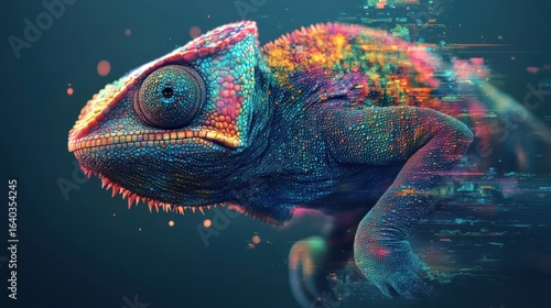 A vibrant, digitally-enhanced chameleon is depicted, showcasing vivid colors and a sense of motion against a dark background.