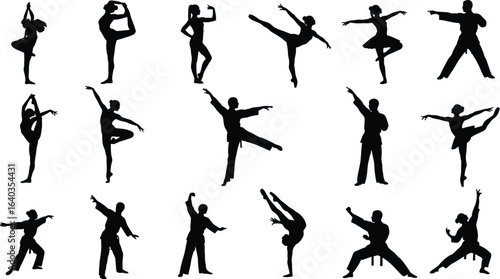 Silhouette of various yoga poses and dance moves, showcasing fitness, flexibility, and healthy lifestyle
