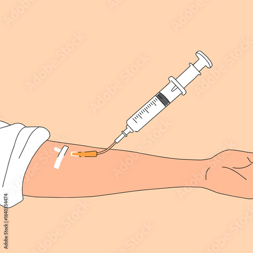 IV injection being administered into arm with needle and syringe  