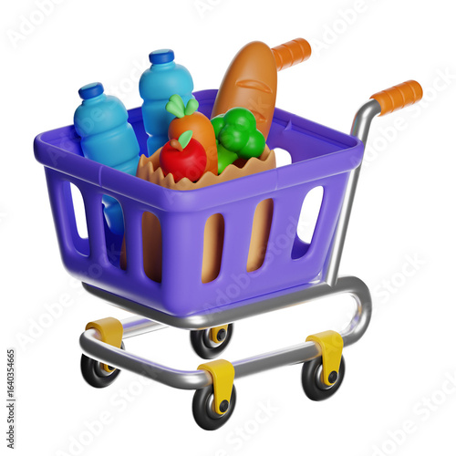 Shopping cart filled with groceries on transparent background