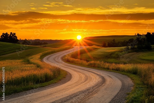 Winding country road through green fields at golden sunset with dramatic sky