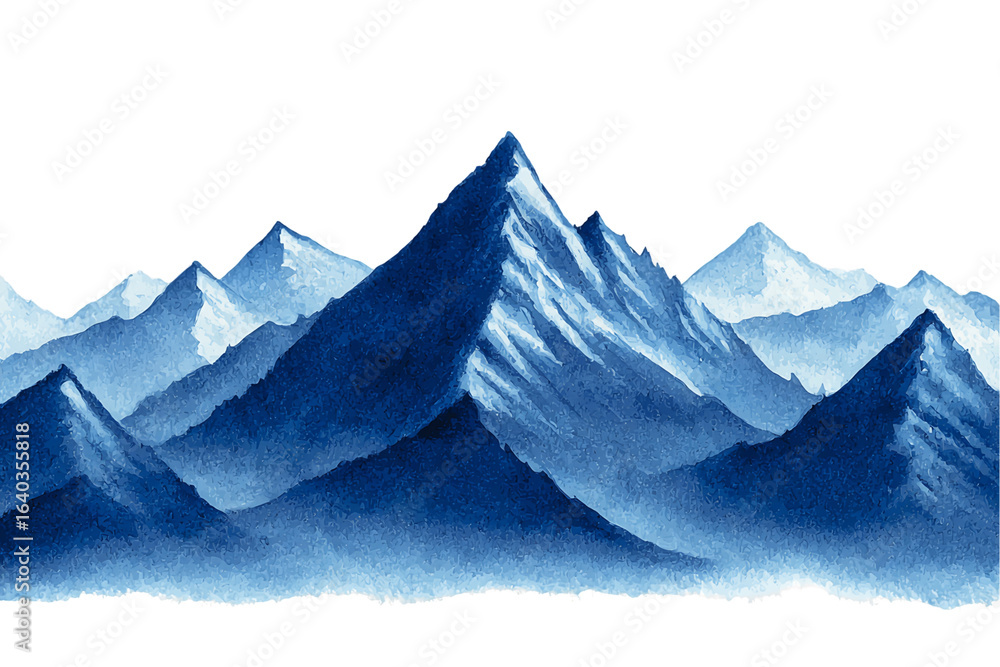 Fototapeta premium Blue Monochromatic Snowy Mountain Range on Transparent Background, PNG