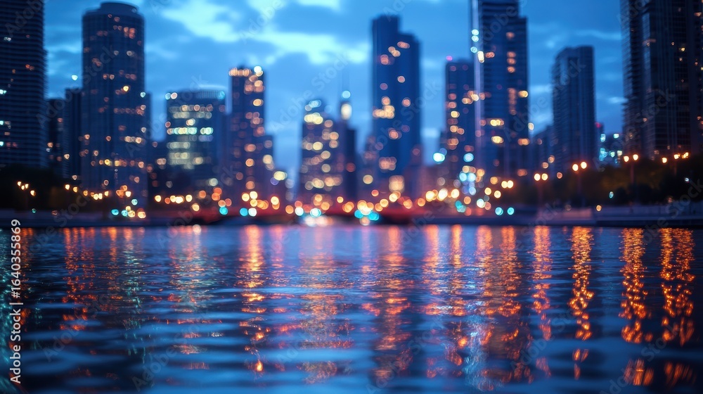 Fototapeta premium A serene cityscape at dusk, featuring shimmering lights reflecting on water, creating a tranquil urban ambiance.