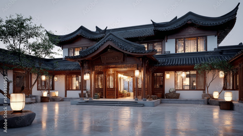 Fototapeta premium A traditional Chinese courtyard house features classic curved roofs, wooden structures, and warm lighting creating a serene, cultural atmosphere.