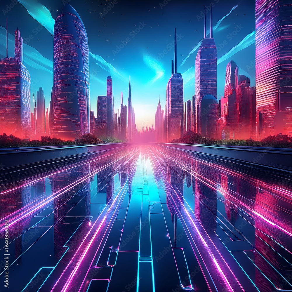 Obraz premium city skyline with neon reflections on water__ 