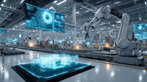 A smart factory equipped with robotic arms and digital prototyping, showcasing advanced manufacturing technology and automation.