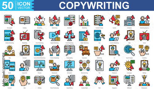 Copywriting Icon Set Collection Concept With Icon Of Newspaper, Catalog, Advertising, Brochure Content Creator, Quality, Company, Marketing Agency icon.
