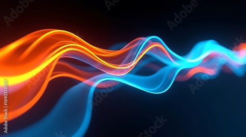 Abstract glowing waves of blue and orange light on dark background