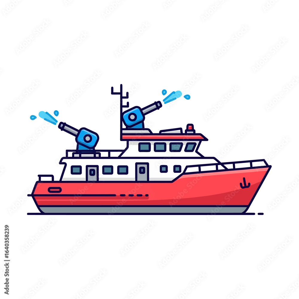 Fototapeta premium An eye-catching vector graphic of a red fireboat with two active water cannons, symbolizing emergency services and aquatic rescue operations.