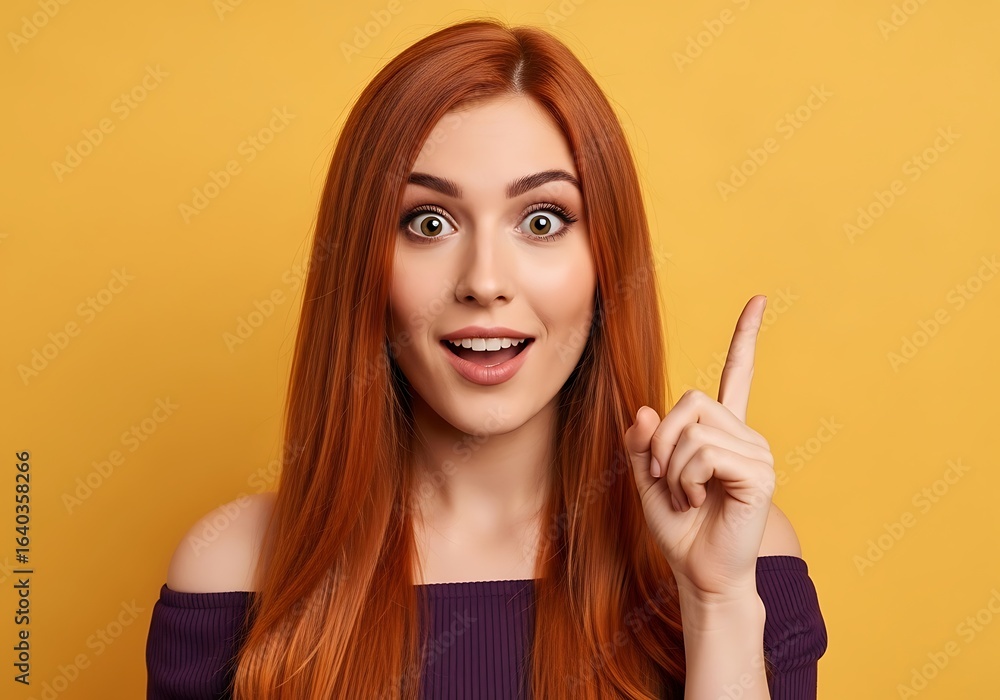 Obraz premium Woman With Long Red Hair And Wide Eyes Points Her Finger Up, Having A Sudden Brilliant Idea Against A Vibrant Yellow Background, Eureka Moment, Excitement, Innovative Thinking
