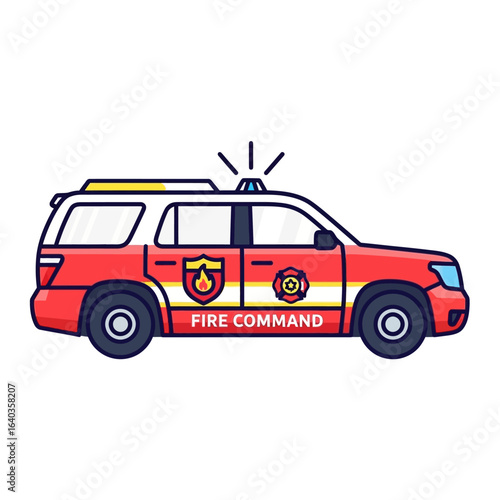 A vibrant cartoon illustration depicts a modern red fire command SUV, equipped with emergency lights, ready for critical incident response and public safety.