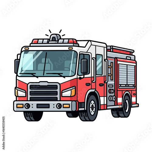 A vibrant, modern illustration of a red and white fire engine, complete with flashing emergency lights, ready for urgent rescue operations and public safety initiatives.