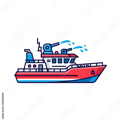 A vibrant cartoon illustration depicts a modern fireboat with powerful water cannons actively spraying water, symbolizing emergency response and maritime safety.