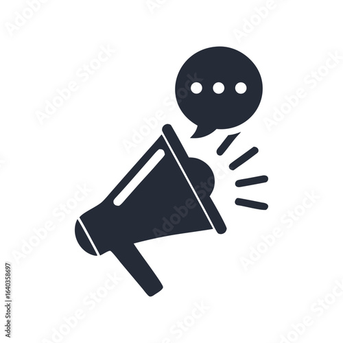 Minimalist black silhouette of a megaphone icon, symbolizing business marketing, sales pitch, and product launch.