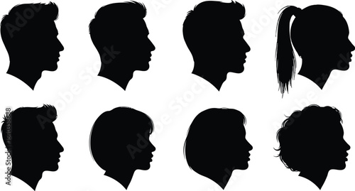 Collection of diverse head silhouettes profiles of men and women with various hairstyles, a graphic set for design and illustration