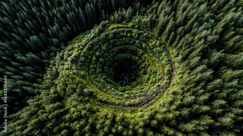 Obraz premium Spiral forest path, aerial view