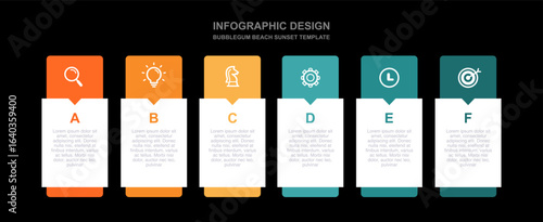 Six step pastel gradient infographic design with flat icons. Creative process layout for marketing, business plan, and presentation. Bubblegum Beach Sunset theme.