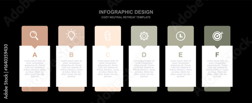 Neutral tone six step process infographic with clean design. Professional business timeline for project, marketing, and report. Cozy Neutral Retreat theme.