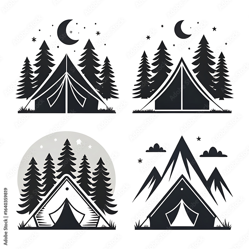 Obraz premium Four stylized illustrations of camping tents in a forest at night