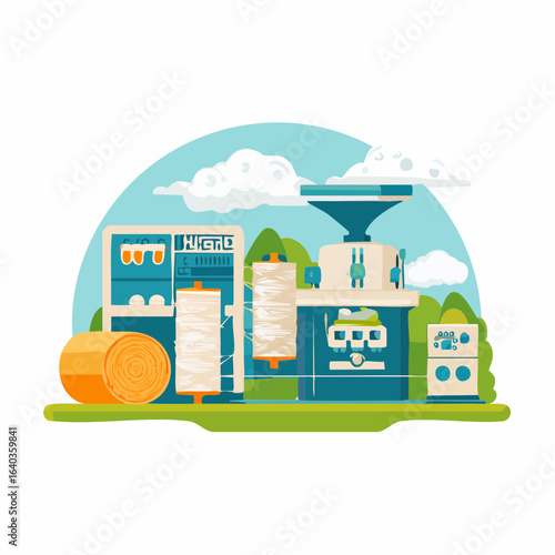 紡績業の綿から糸を紡ぐ製造工程ベクター