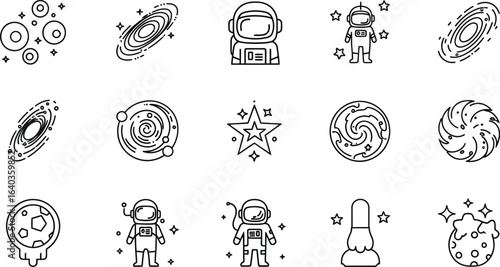 Collection of space icons featuring galaxies, astronauts, and planets, representing cosmic exploration, scientific discovery, and wonders of universe