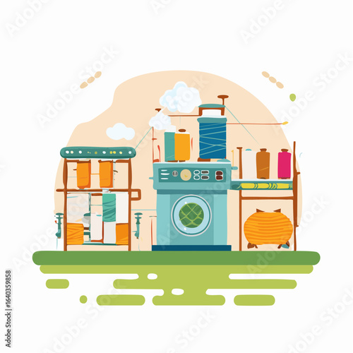 紡績業の綿から糸を紡ぐ製造工程ベクター