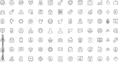 Collection of thin line icons representing various aspects of business, communication, and social networking