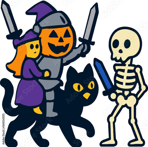 Knight Pumpkin Rescuing a Witch Princess,riding a black cat like a steed, battling skeleton guards.