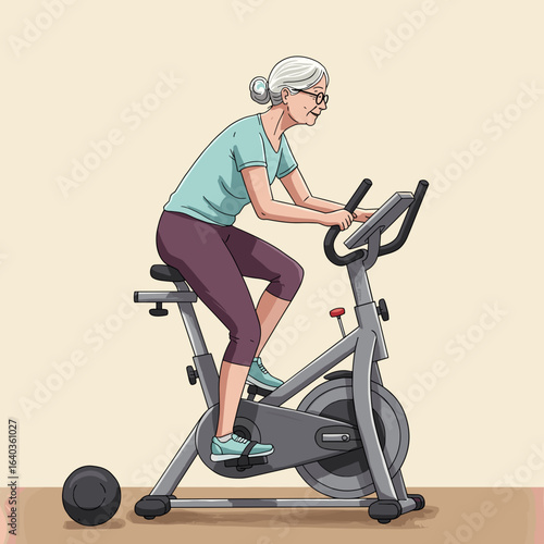 Senior woman exercising on stationary bike indoors in modern style  