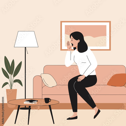 Woman shouting while sitting on couch in living room with lamp  